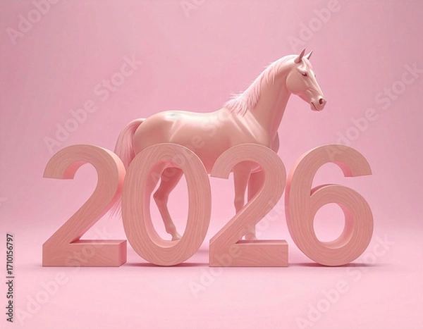 Obraz 2026年を象徴する干支の馬と数字を組み合わせた午年の年賀状向け3Dイラスト。洗練されたピンクのワントーンで、シンプルながらも高級感と品の良さを感じさせるデザイン素材です。