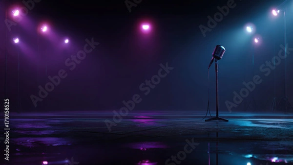 Fototapeta Microphone with stand on empty stage lit by spotlights.
