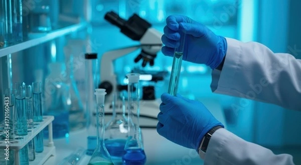 Fototapeta Laboratory Research - Scientist Analyzing Samples with Microscope and Test Tubes.