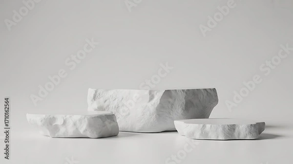 Fototapeta Minimalist white stone pedestals arranged on a clean white background for product display