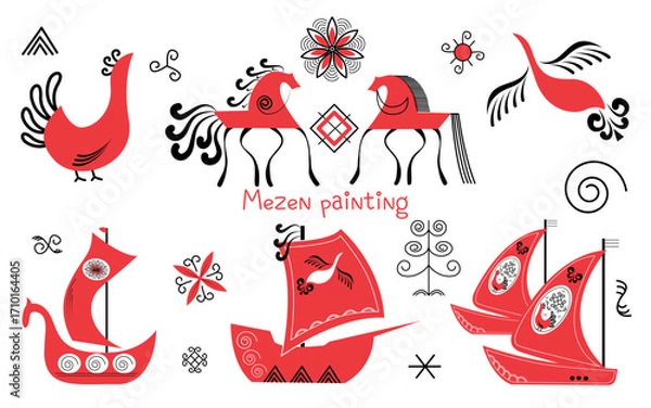 Fototapeta Vector set of hand drawn ornamental elements in traditional russian folk style. Mezen painting. Illustration of red horse, bird, ships in geometric art style on white background