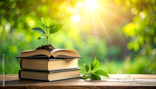 Fototapeta Growth of Knowledge A Plant Emerging from Books, Symbolizing Education and Learning in Nature