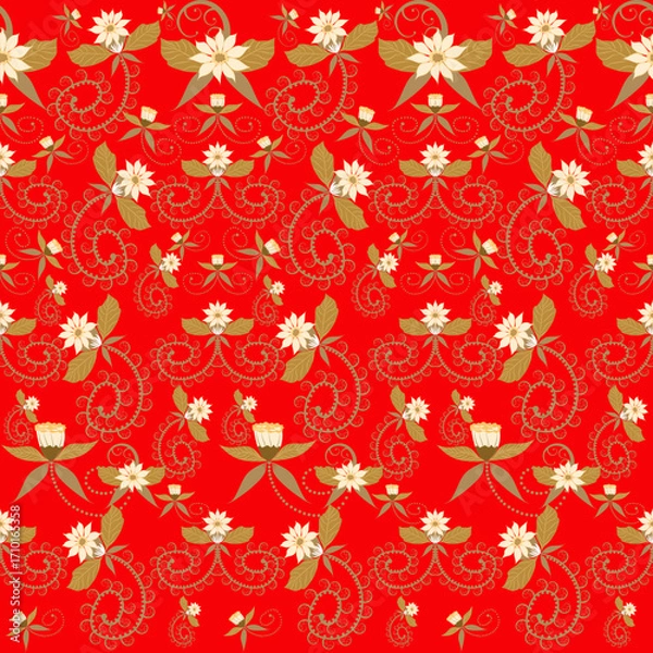 Fototapeta Damask flower style gift wrapping paper with a red background for the festive season,Seamless Christmas vintage style wrapping paper illustration print 300dpi