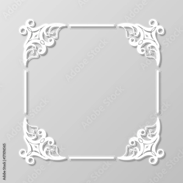Fototapeta Abstract square lace frame with paper swirls, vector ornamental background, eps10