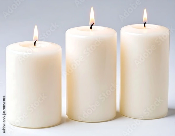 Fototapeta Three simple white cylindrical candles, lit, in a row against a light background