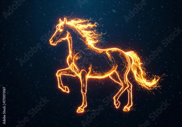 Fototapeta The fiery horse, the symbol of the year, is amidst the Christmas glow. . Generative AI
