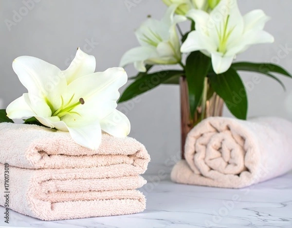 Fototapeta Soft, pale peach towels and white lilies on a marble surface