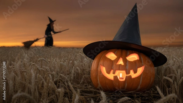 Fototapeta Eerie Halloween Night Scene: Glowing Jack-o'-Lantern with Witch Hat in a Wheat Field at Sunset, Featuring a Witch on a Broomstick Silhouetted Against the Orange Sky - Spooky and Festive