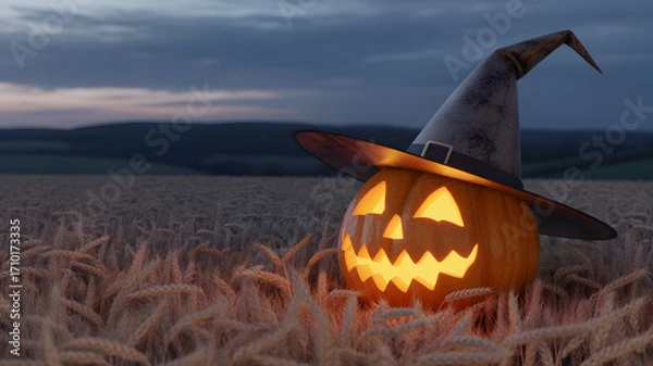 Fototapeta Glowing Jack-o'-lantern with Witch Hat in Wheat Field at Dusk: Spooky Halloween Scene with Carved Pumpkin, Festive Autumn Decoration, Rural Setting, and Atmospheric Lighting for Holiday Celebrations