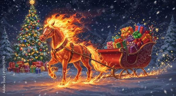 Fototapeta A fiery horse, the symbol of the year, in a sleigh with Santa . Generative AI