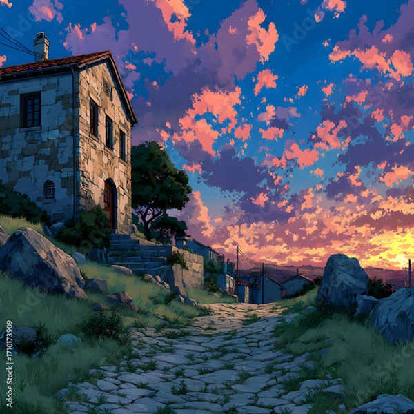 Fototapeta Picturesque Stone House and Cobblestone Path at Sunset: Beautiful Anime Style Landscape with Dramatic Sky, Serene Village Scene, and Warm Evening Light, Evoking a Sense of Tranquility and Nostalgia