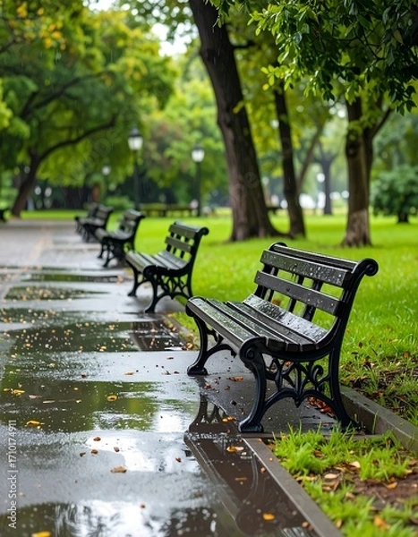 Fototapeta Park path with benches on a rainy day. Lush greenery surrounds a wet paved walkway