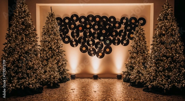Fototapeta New Year's photo area with Christmas tree records and decorations . Generative AI