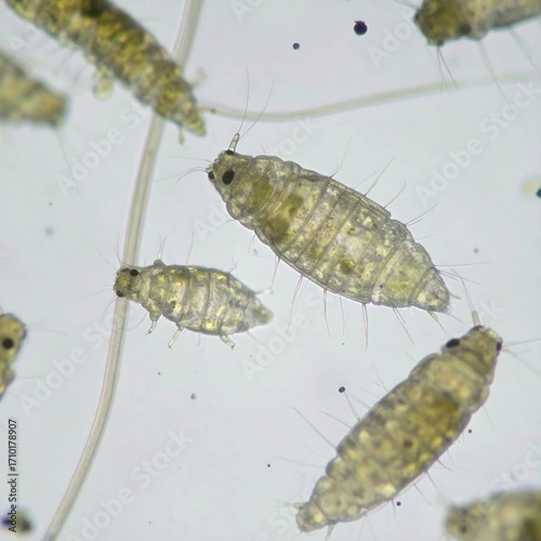 Fototapeta Microscopic view of small, light-green, segmented aquatic creatures