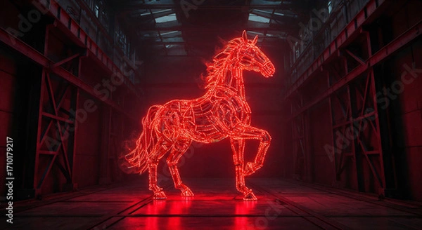 Fototapeta A fiery horse is the symbol of the year in a futuristic setting. . Generative AI