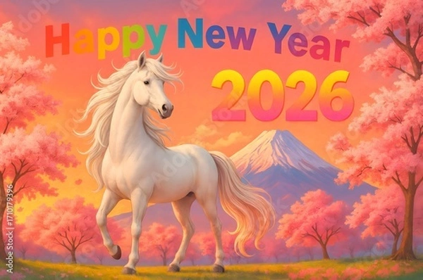 Obraz 2026年_年賀状_素材_横_イラスト_ファンタジー_馬_01