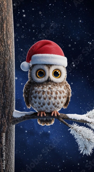 Fototapeta A cute owl in a Santa hat in a Christmas forest . Generative AI
