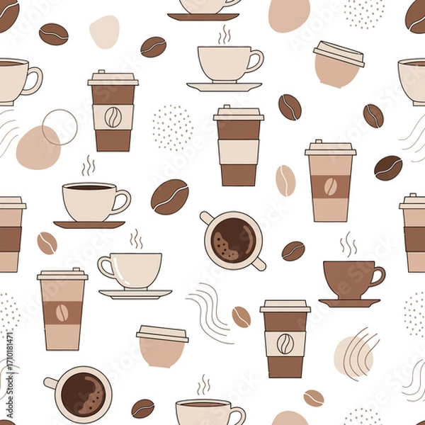 Fototapeta Inviting seamless vector pattern design featuring various coffee cups, mugs, and scattered beans, ideal for beverage themes, cafe decor, and digital backgrounds