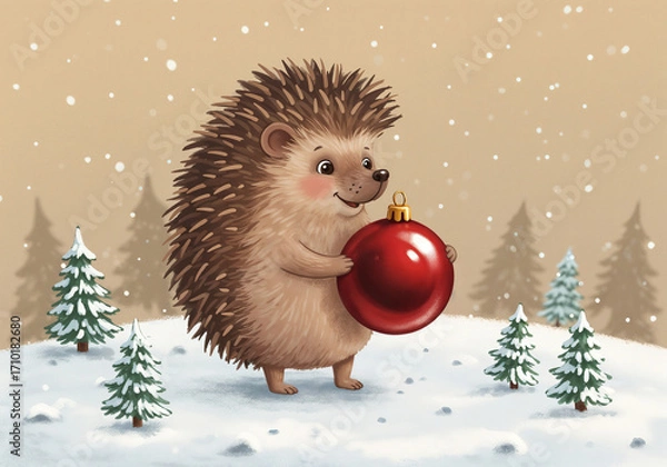 Fototapeta A cute hedgehog with a Christmas ball in the forest . Generative AI