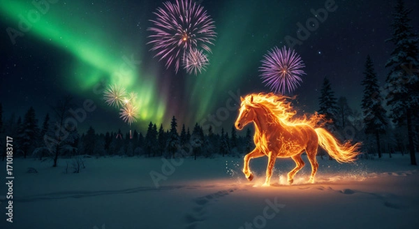 Fototapeta A fiery horse, the symbol of the year, against the backdrop of the northern lights . Generative AI