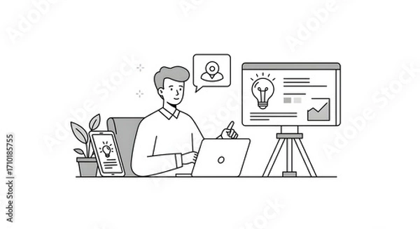 Fototapeta A man is sitting at a desk with a laptop and a light bulb above him for business presentation, website design, technology blog, or digital marketing