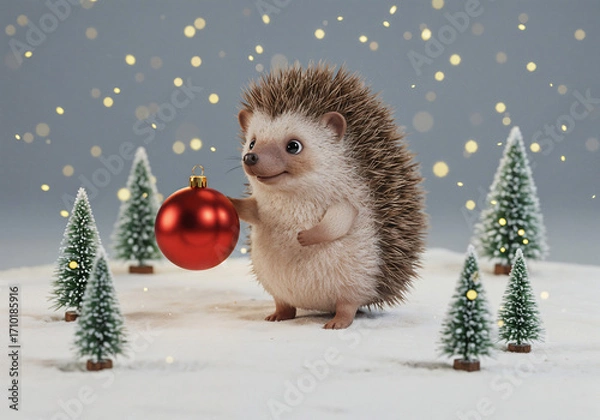 Fototapeta A cute hedgehog with a Christmas ball in the forest . Generative AI