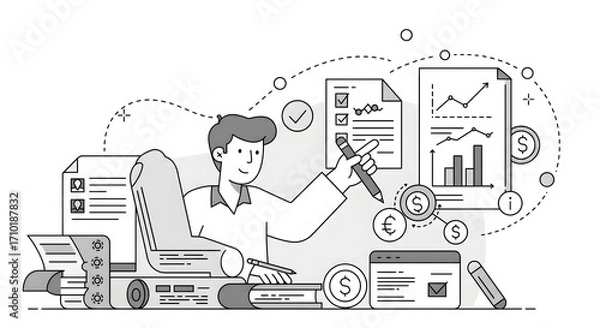 Fototapeta A woman working on her laptop with a lot of paperwork and papers for business presentation, website design, technology blog, or digital marketing