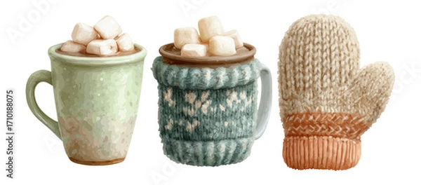 Obraz Cozy Hot Chocolate Mugs and Knitted Mittens in Soft Pastel Colors