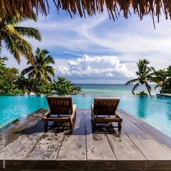 Fototapeta Tropical pool deck with ocean view. Two wooden lounge chairs overlook turquoise water, palm trees, and a partly cloudy sky