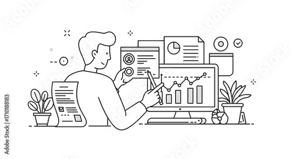 Fototapeta A person sitting at a desk with a laptop and a pen for business presentation, website design, technology blog, or digital marketing