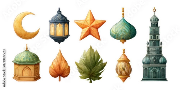 Obraz Ornate Islamic Elements and Decorations: Icons in Various Shapes and Colors