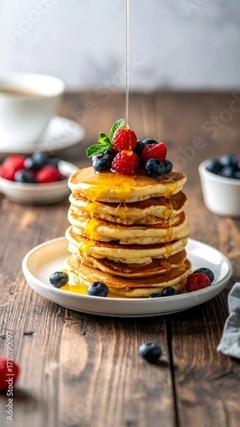 Fototapeta Stack of golden pancakes drizzled with honey, topped with fresh raspberries and blueberries, on a wooden table