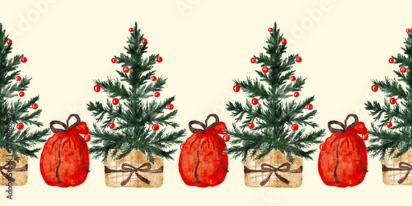Fototapeta Watercolor christmas trees and gifts seamless border pattern, ribbon print design.
