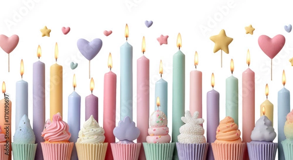 Obraz Colorful Birthday Candles and Cupcakes with Heart and Star Decorations