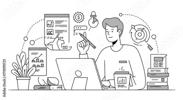 Fototapeta A man sitting at a desk with a laptop and a phone for business presentation, website design, technology blog, or digital marketing