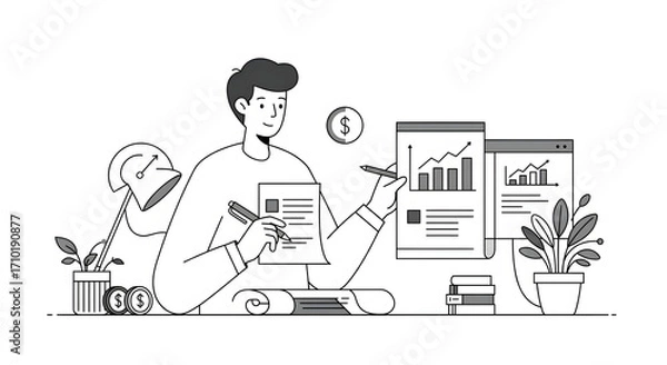 Fototapeta A man sitting at a desk with a laptop and a cup of coffee for business presentation, website design, technology blog, or digital marketing