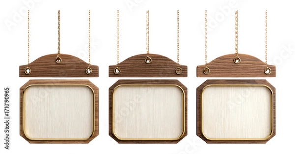 Obraz Three Wooden Signs with Chains Hanging on Transparent Background