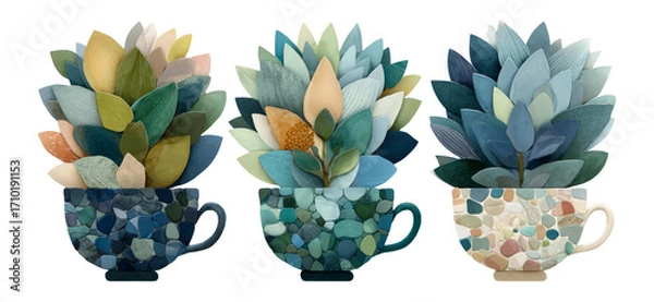 Obraz Colorful Leafy Arrangements in Decorative Cups with Transparent Background