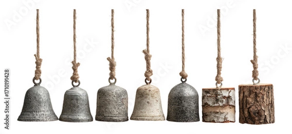 Obraz Isolated Metal and Wooden Bells on Transparent Background with Strings