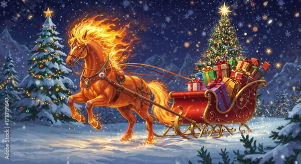 Fototapeta A fiery horse, the symbol of the year, in a sleigh with Santa . Generative AI