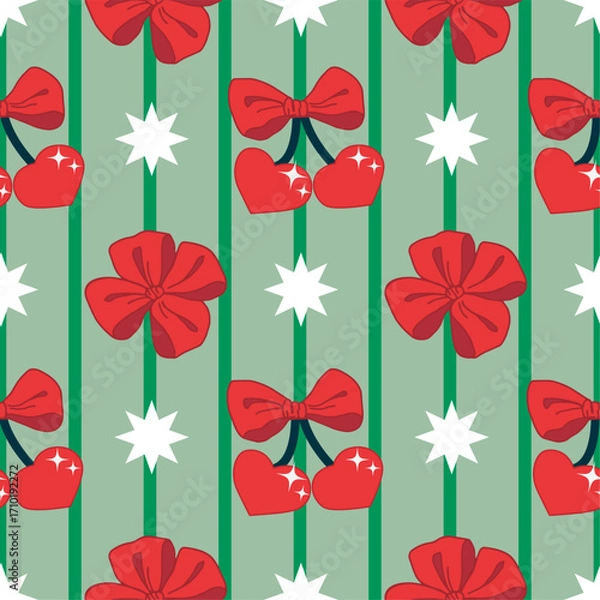 Obraz Christmas Seamless pattern with Cherry and Bows on Green Striped Background. Coquette Vintage and Christmas striped pattern. Retro Print for feminine project, Wrapping paper, seasonal design.