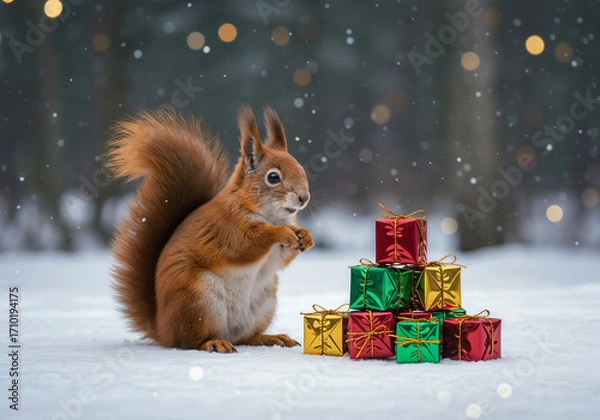 Fototapeta A cute squirrel with New Year's gifts in the forest . Generative AI