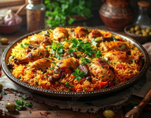 Fototapeta A large platter of Kabsa, a Middle Eastern rice dish, topped with roasted chicken pieces, olives, and fresh parsley, presented in a rustic setting.