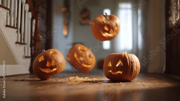 Fototapeta Whimsical carved pumpkins floating inside cozy home with autumn daylight and halloween mood
