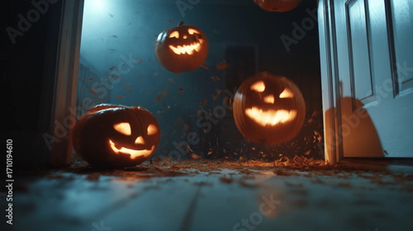 Fototapeta Spooky floating carved pumpkins glowing inside haunted house with eerie atmosphere and flying leaves