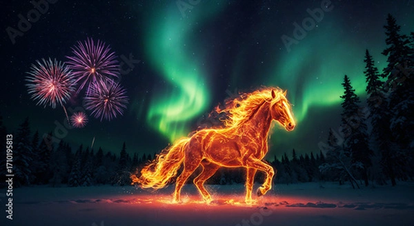 Fototapeta A fiery horse, the symbol of the year, against the backdrop of the northern lights . Generative AI