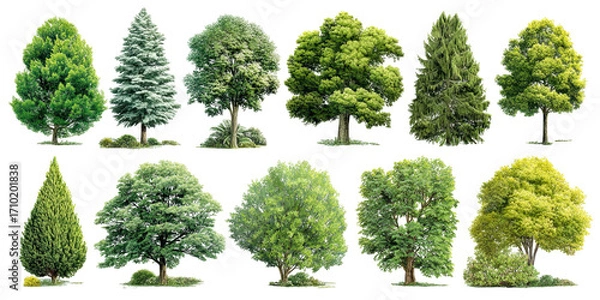 Fototapeta Assortment of various green trees, capturing their unique shapes and forms. The photograph captures the essence of various trees, showing the detail of their leaves and the character of their trunk