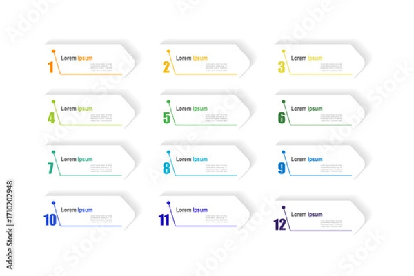 Fototapeta For business concept with 12 steps infographics, arrow shape with multicolor label, design for workflow layout, diagram, annual report, web design. vector illustration