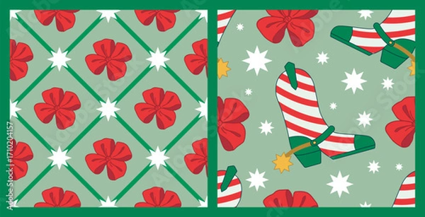 Obraz Cowgirl Christmas Seamless pattern set. Cowboy western theme, Boot like Christmas Candy canes, Bow in Red and Green Christmas Style. Hand-drawn vector print for Wrapping paper, New Year Party.