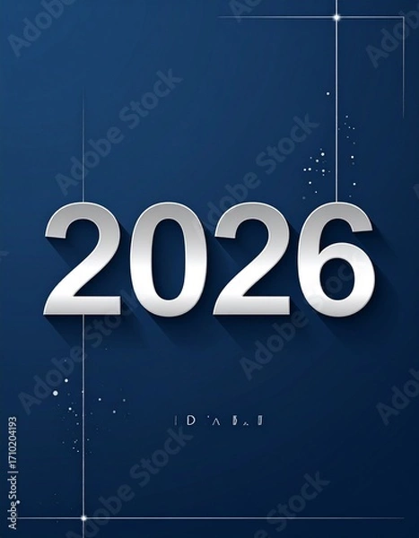 Fototapeta Ein modernes, minimalistisches Neujahrs-Design für 2026. Weiße und silberne Zahlen „2026“ auf schlichtem dunkelblauen Hintergrund